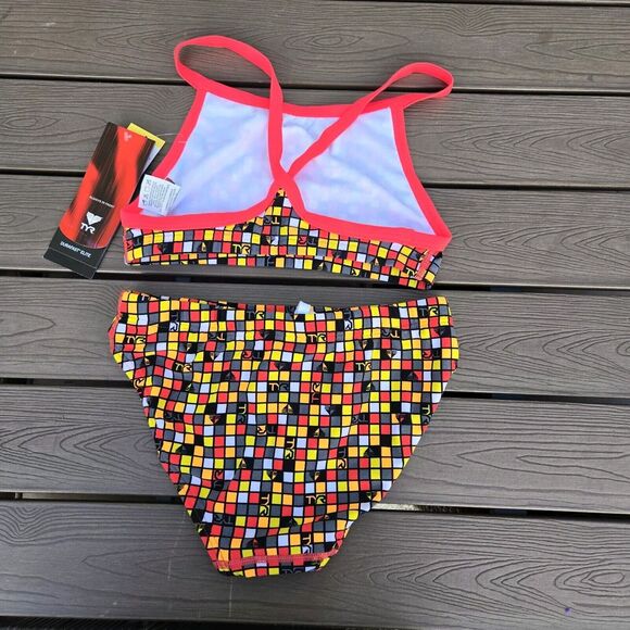 TYR Womens Durafast Orange/Red Team Check Diamondfit Workout Bikini Sz XXS NEW - Picture 2 of 3
